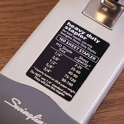 Swingline Heavy Duty Stapler

For heavy results, use only HD Sheet Staples

HD Sheet Stapler
Size: 3/8" 1/4" 5/8" 1/2" 3/4"
Capacity: 25-60 40-90 75-120
Do NOT use 1/4" staples

Based on 20LB standard paper weight
They will jam this stapler

Swingline