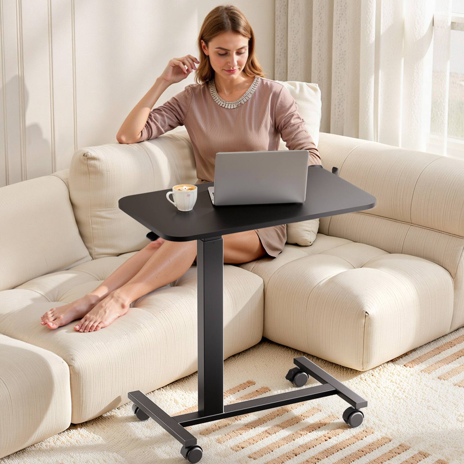 Alt View 2. GTPlayer - Pneumatic Mobile Standing Laptop Desk with Lockable Wheels 28 IN W x 16 IN D Adjustable Overbed Bedside Table - Black.
