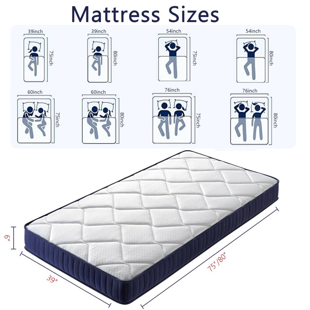 Mattress Sizes

- 39inch x 75inch
- 39inch x 80inch
- 54inch x 75inch
- 54inch x 80inch
- 60inch x 75inch
- 60inch x 80inch
- 76inch x 75inch
- 76inch x 80inch

Dimensions:
- 39" x 75"/80"
- 54" x 75"/80"
- 60" x 75"/80"
- 76" x 75"/80"