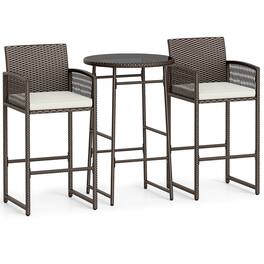 Gymax - 3 Piece Wicker Patio Bar Set w/ 2 Seat Cushions Glass Tabletop for Backyard - Brown