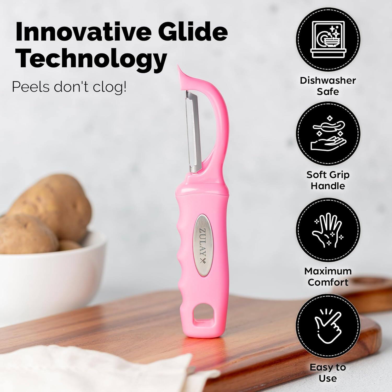 Innovative Glide Technology: Peels don't clog!  
Dishwasher Safe  
Soft Grip Handle  
ZULAY x Maximum Comfort  
Easy to Use