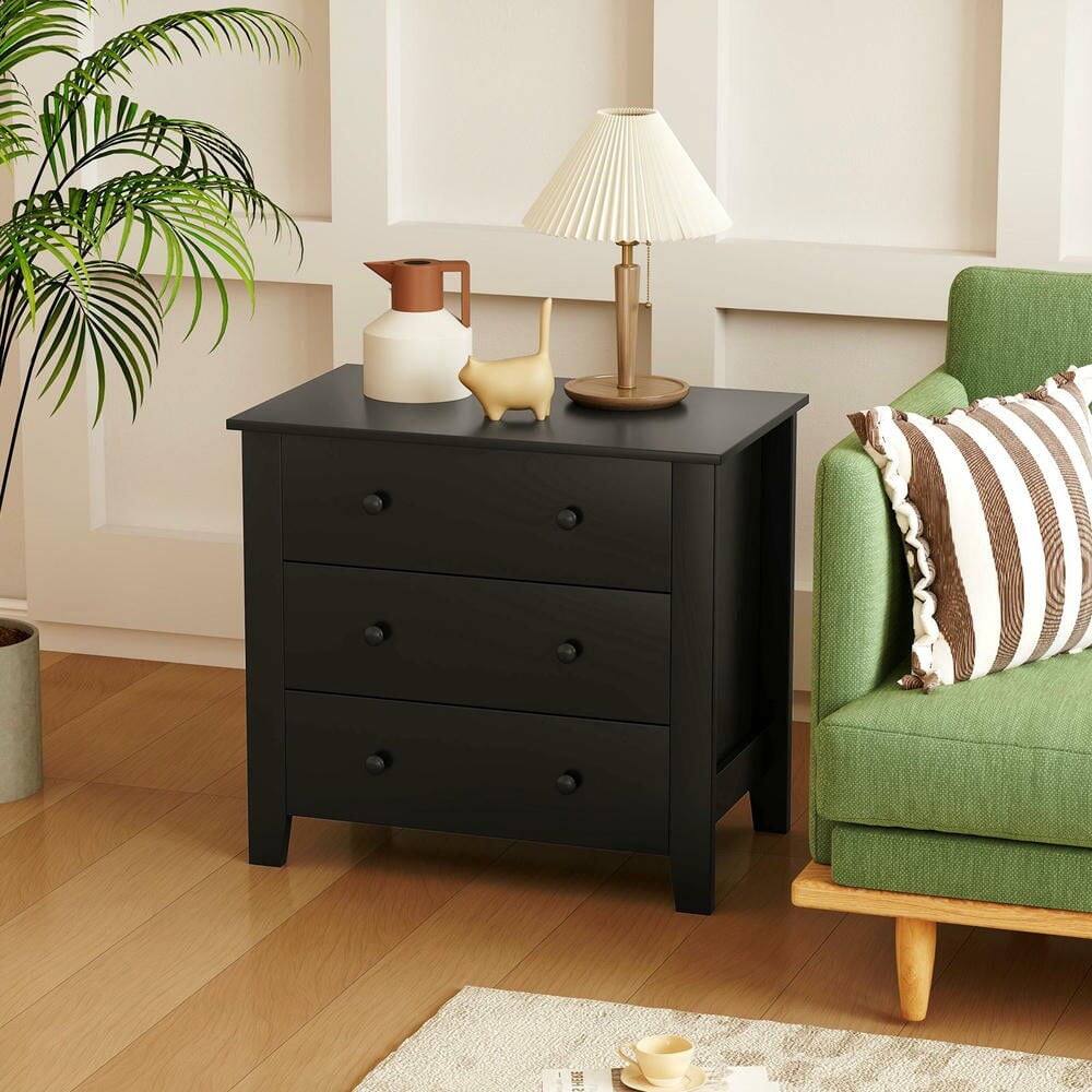 Left. Kadyn - 3-Drawer Dresser Chest - Versatile Bedside Table with Functional Storage, Sleek Black Wood Grain Design - Black.