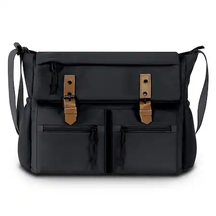 Front. Wikistore - WIKISTORE Canvas Messenger Bag for Women Men Crossbody Laptop Bag with Adjustable Strap Black - Black.
