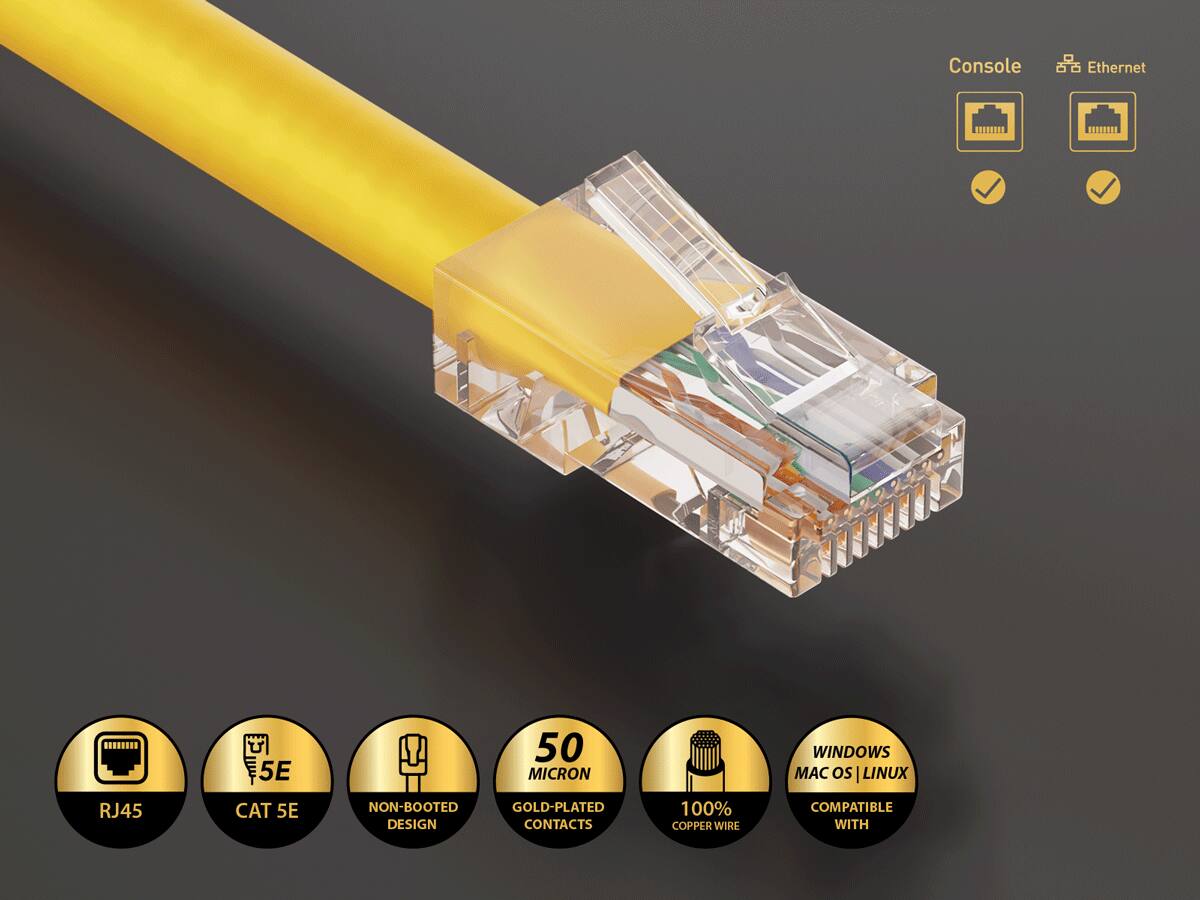 Console  
Ethernet  
RJ45  
CAT 5E  
NON-BOOTED DESIGN  
50 MICRON GOLD-PLATED CONTACTS  
100% COPPER WIRE  
WINDOWS | MAC OS | LINUX COMPATIBLE WITH