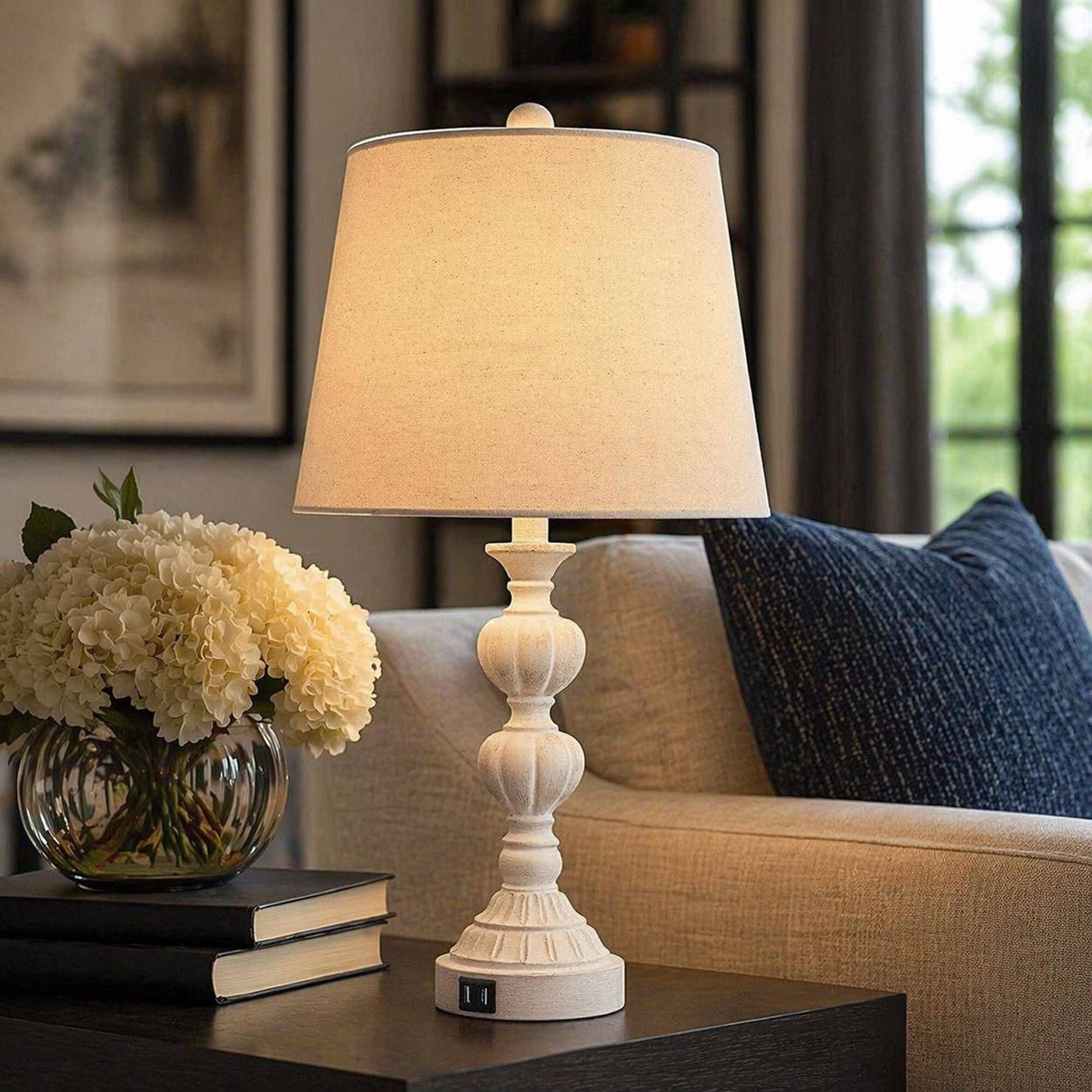 Angle. RYHNUYNE - Set of 2 Touch-Control Farmhouse Table Lamps with 3-Way Dimmer and Dual USB Charging Ports, Washed White Finish - Beige.