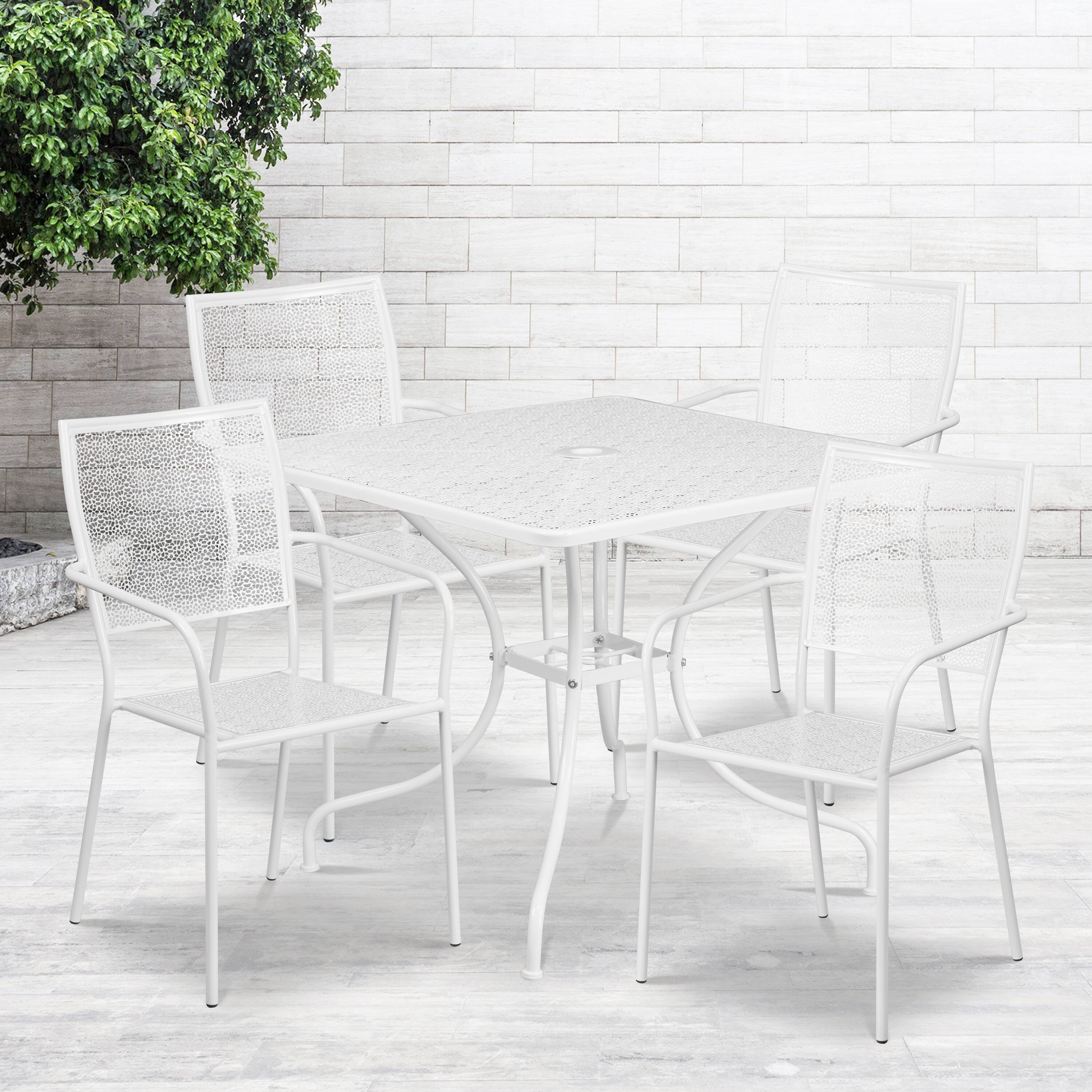 Alt View 1. Emma + Oliver - Commercial Grade 35.5" Square Metal Garden Patio Table Set, 4 Square Back Chairs - White.