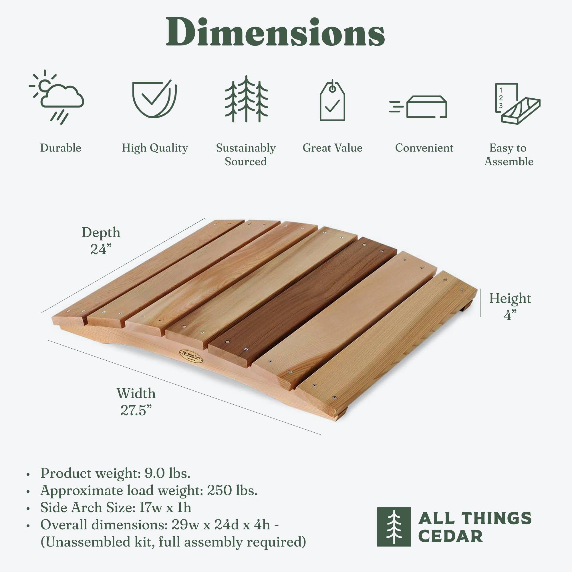 **Dimensions**

- **Durable**
- **High Quality**
- **Sustainably Sourced**
- **Great Value**
- **Convenient**
- **Easy to Assemble**

- **Depth:** 24"
- **Width:** 27.5"
- **Height:** 4"

- **Product weight:** 9.0 lbs.
- **Approximate load weight:** 250 lbs.
- **Side Arch Size:** 17w x 1h
- **Overall dimensions:** 29w x 24d x 4h (Unassembled kit, full assembly required)

**ALL THINGS CEDAR**
