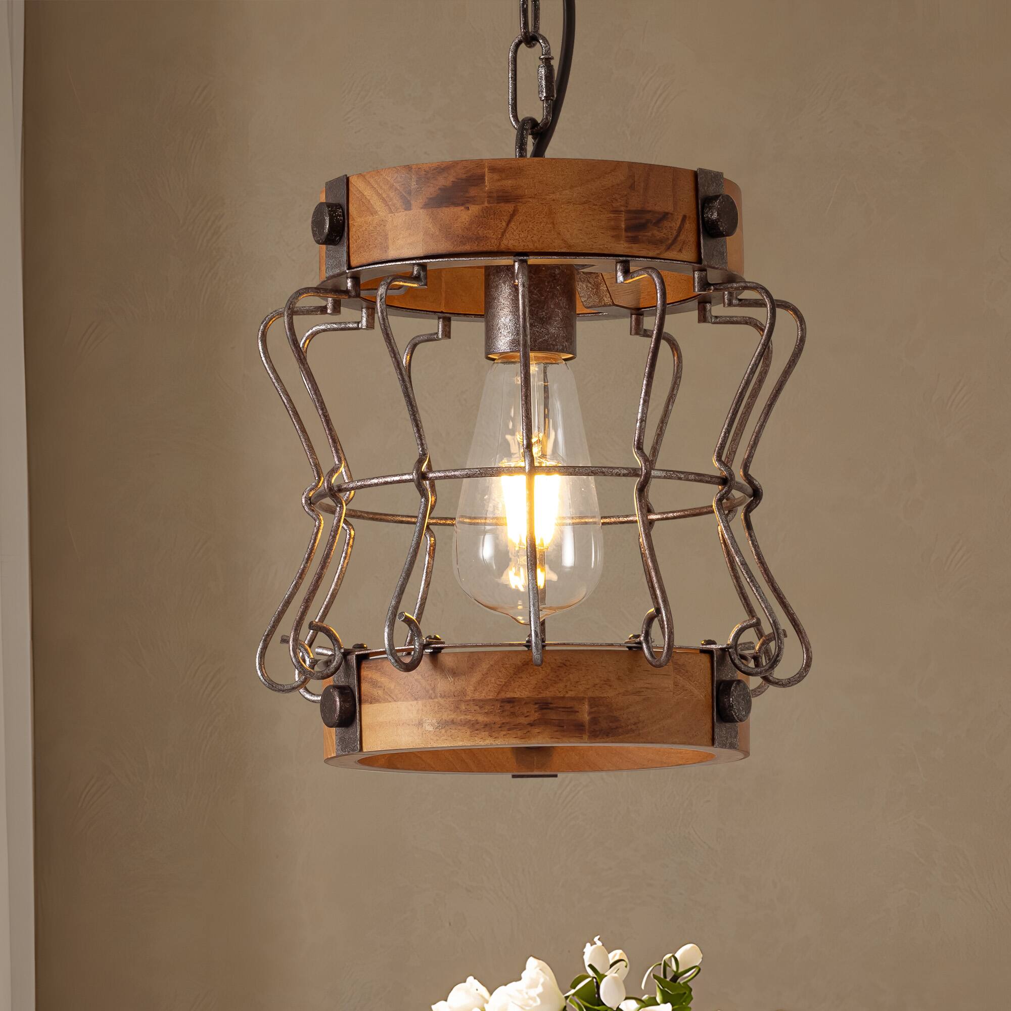 Front. Siljoy - 60W 1-Light Black Farmhouse Wood Kitchen Island Pendant Light with Burnt Wood Texture, 39 Inch Adjustable Chain - Black.