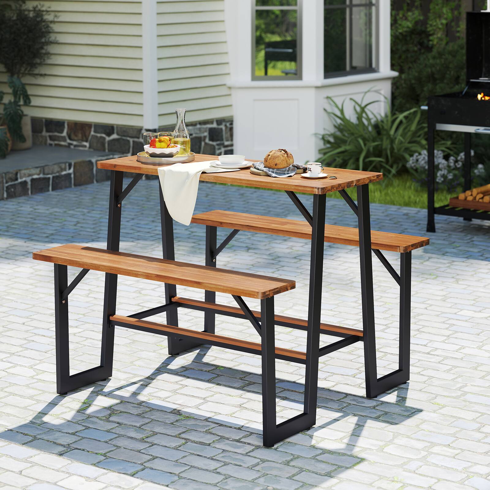 Alt View 3. Gymax - Gymax Outdoor Picnic Table for 4 Acacia Wood Rectangular Picnic Table w/ 2 Built-in Benches - Natural, Black.