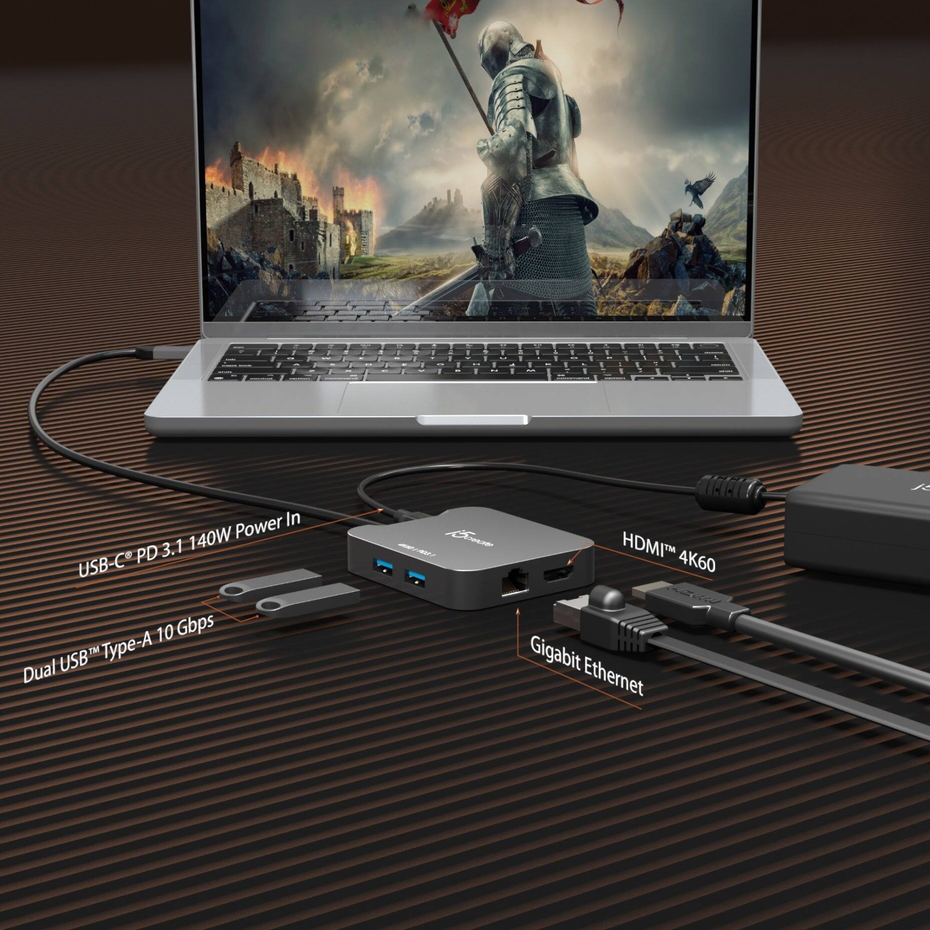 USB-C PD 3.1 140W Power In  
Dual USB™ Type-A 10 Gbps  
HDMI™ 4K60  
Gigabit Ethernet