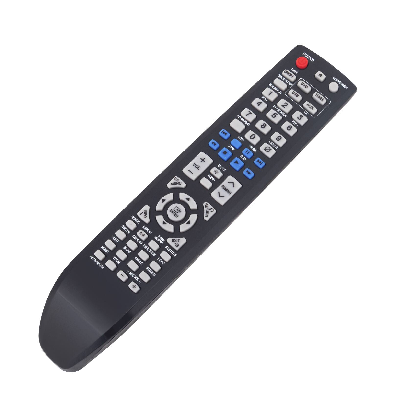 MENU INFO ENTER C REPEAT DSPIEO A-8 REPEAT SLEEP FSOUND TUNER EXIT - MOST SLOW TRES/BASS SUBTITLE AUSA ZOOM ANGLE ECHO a 4BA  FMICVOL MIC REMAIN VOL + POWER ON/OFF TIMEN  NOF TIME/AICLOCK DVD DEMODWMER 1 ROSDISPLAY LBE PIT- TUNER 4 2 AUX FTY B 7 5 SEARCH 3 LA RPPING 8 PTY- 6 HPe STEP 0 9 4 CANCEL STOP PAUSE " + PLAY P VOL MUTE -   AUDIO TUNING RETURN