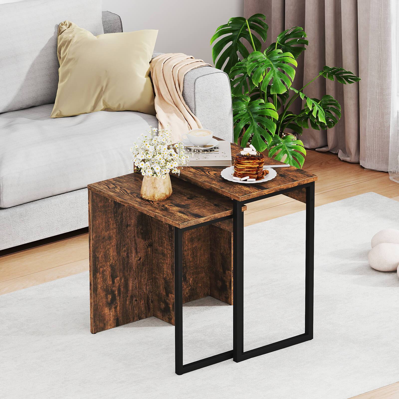 Left. Costway - Costway Set of 2,Nesting Coffee Table 2-in-1 Faux Wood Top Sofa Side Table Rustic Brown - Rustic Brown + Black.