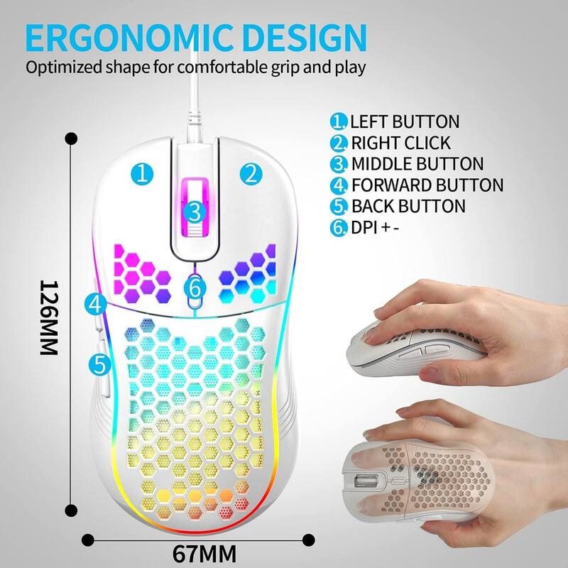 ERGONOMIC DESIGN  
Optimized shape for comfortable grip and play

1. LEFT BUTTON  
2. RIGHT CLICK  
3. MIDDLE BUTTON  
4. FORWARD BUTTON  
5. BACK BUTTON  
6. DPI + -  

126MM  
67MM