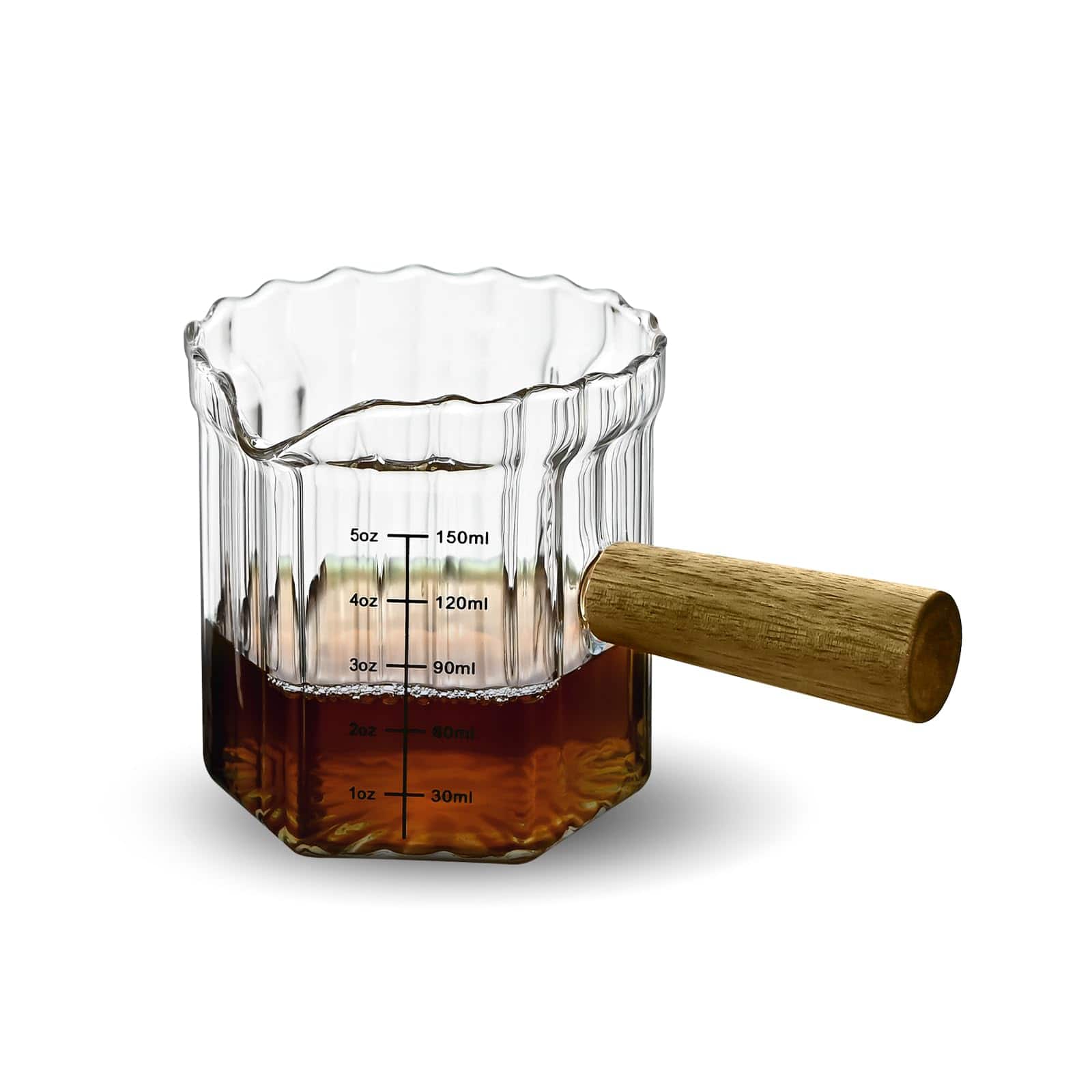 Dapper Styles - Glass Measuring Cup Espresso Shot With Wood Handle Single Spout Triple Pitcher Milk For Coffee Tea ( Ribbed) - Transparent Ribbed Single Spout