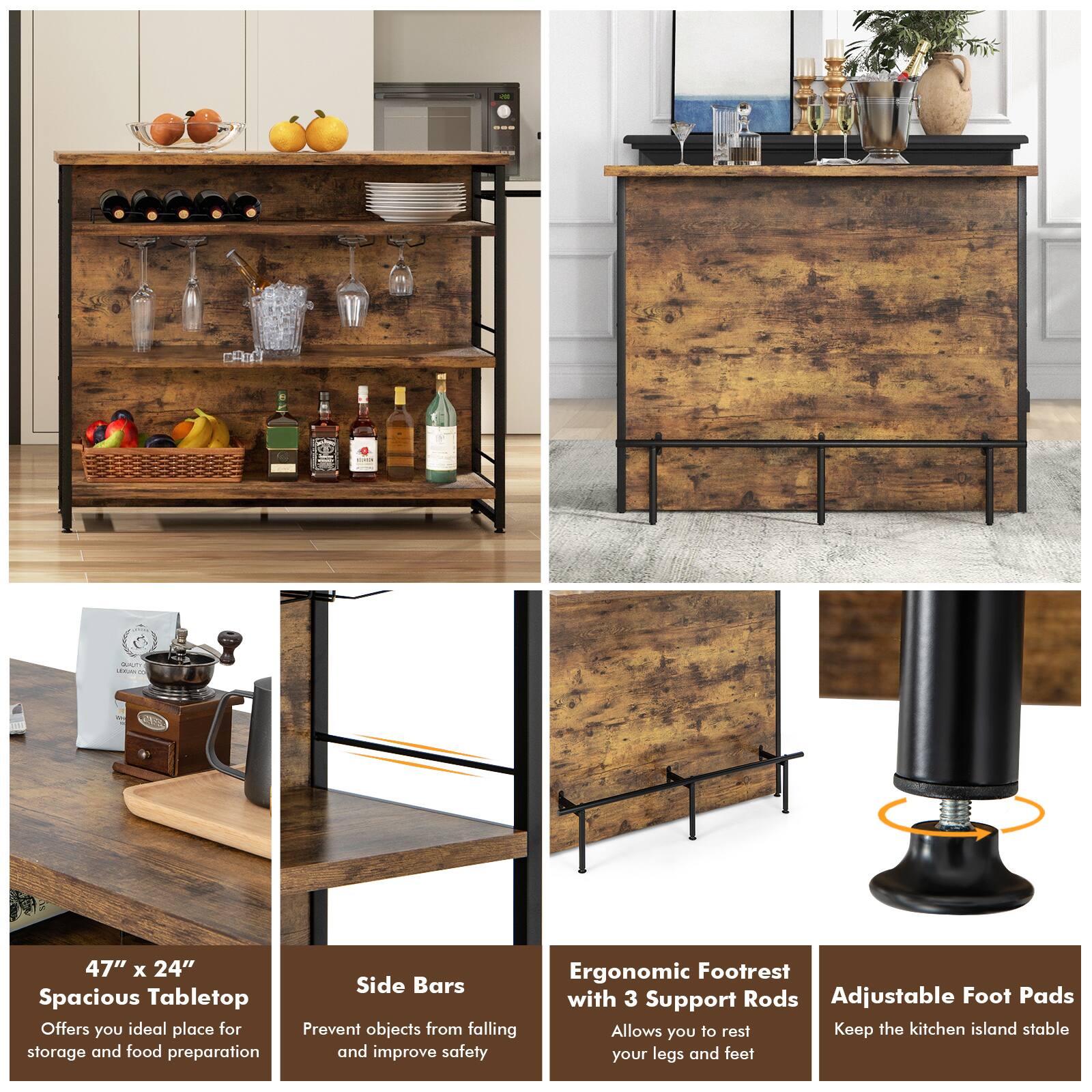 I - 47" x 24" Spacious Tabletop
II - Side Bars
III - Ergonomic Footrest with 3 Support Rods
IV - Adjustable Foot Pads