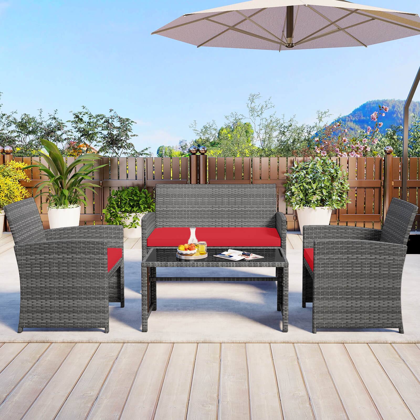 Alt View 3. Costway - Costway 8 PCS Patio Conversation Set with Seat Cushions & Tempered Glass Tabletop, Outdoor - Red,Gray.