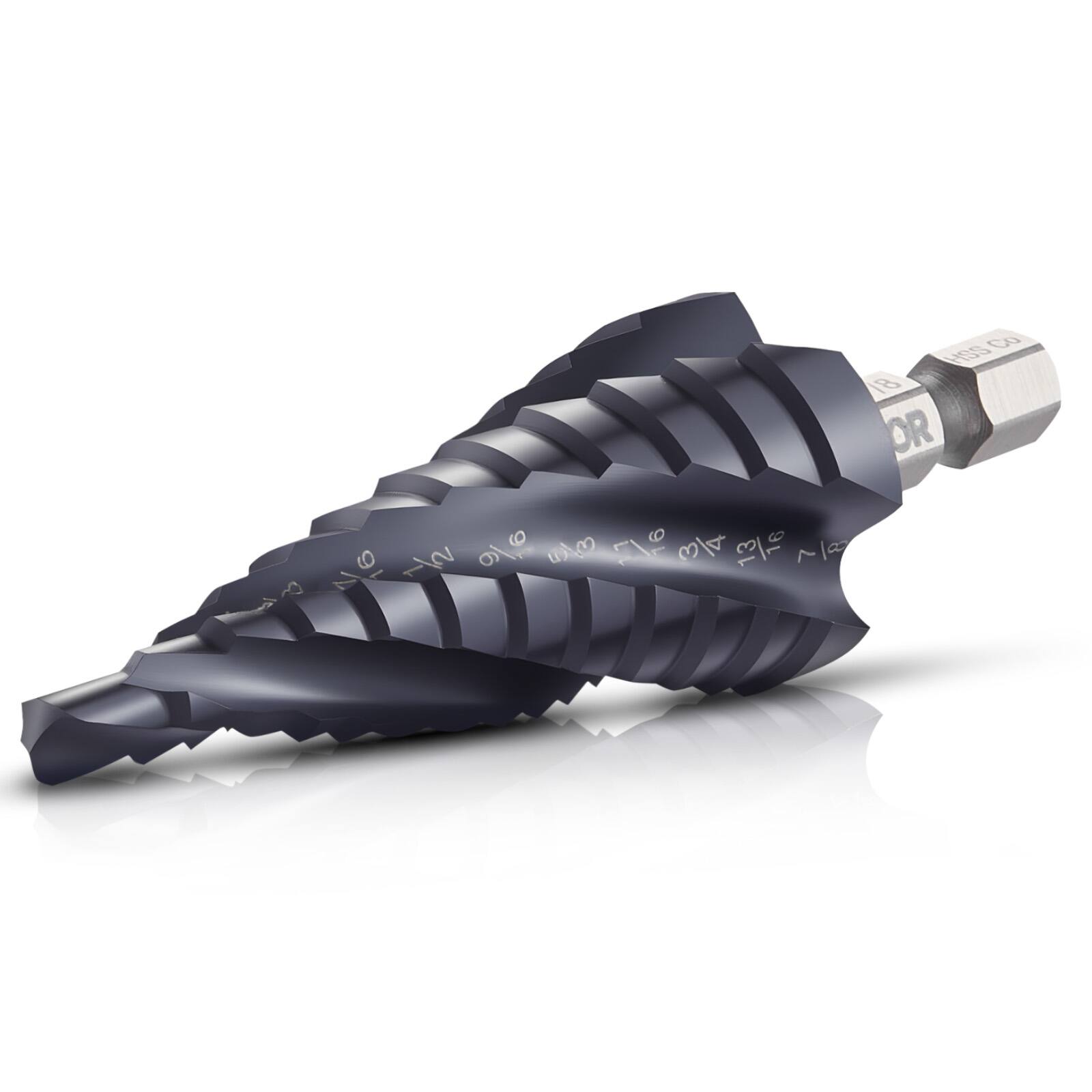 Front. VEVOR - Step Drill Bit, 3/16 to 7/8 inch, 1/4 inch Hex Shank, TiAlN Coating Cobalt HSS High Speed Steel - Black.