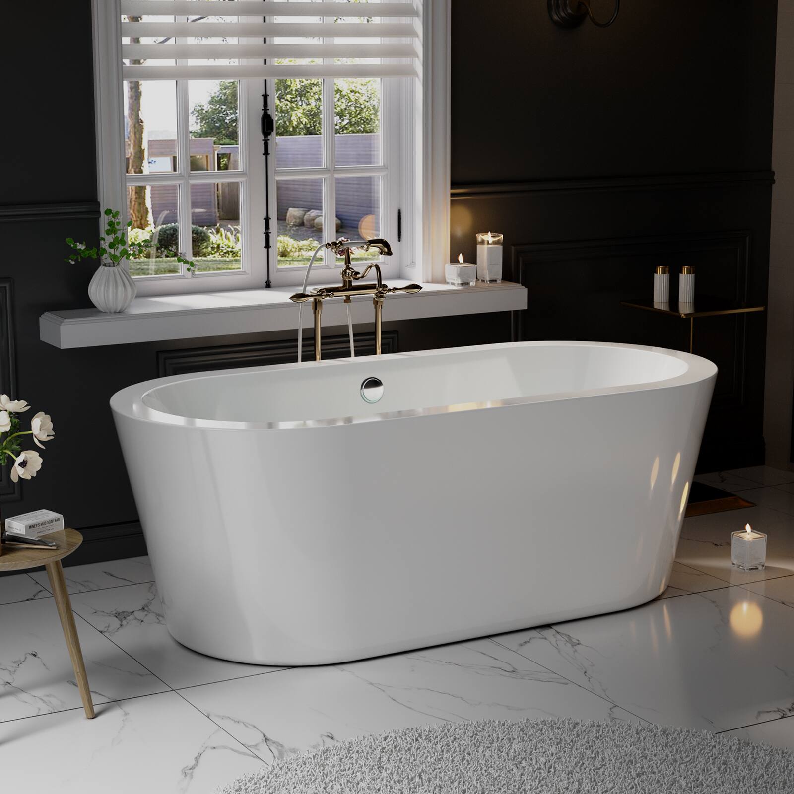 Left. Empava - 59 in. x 31.5 in. Freestanding Flat Bottom Bath Tub Oval Soaking Bathtub with Center Drain - White.