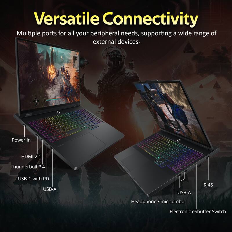 Versatile Connectivity  
Multiple ports for all your peripheral needs, supporting a wide range of external devices.  

- Power in  
- HDMI 2.1  
- Thunderbolt™ 4  
- USB-C with PD  
- USB-A  
- USB-A  
- RJ45  
- Headphone / mic combo  
- Electronic eShutter Switch