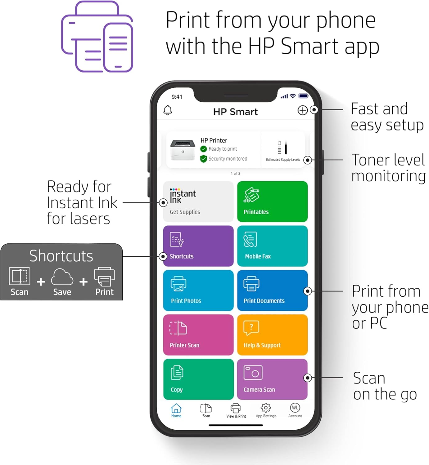 Print from your phone with the HP Smart app

- Ready for Instant Ink for lasers
- Fast and easy setup
- Toner level monitoring
- Print from your phone or PC
- Scan on the go

Shortcuts
- Scan
- Save
- Print

- HP Printer
  - Ready to print
  - Security monitored
  - Estimate Supply Levels
  - 1 of 3

- Instant Ink
  - Get Supplies

- Printables

- Mobile Fax
- Print Photos
- Print Documents
- Help & Support
- Printer Scan
- Copy
- Camera Scan

- View & Print
- App Settings
- Account