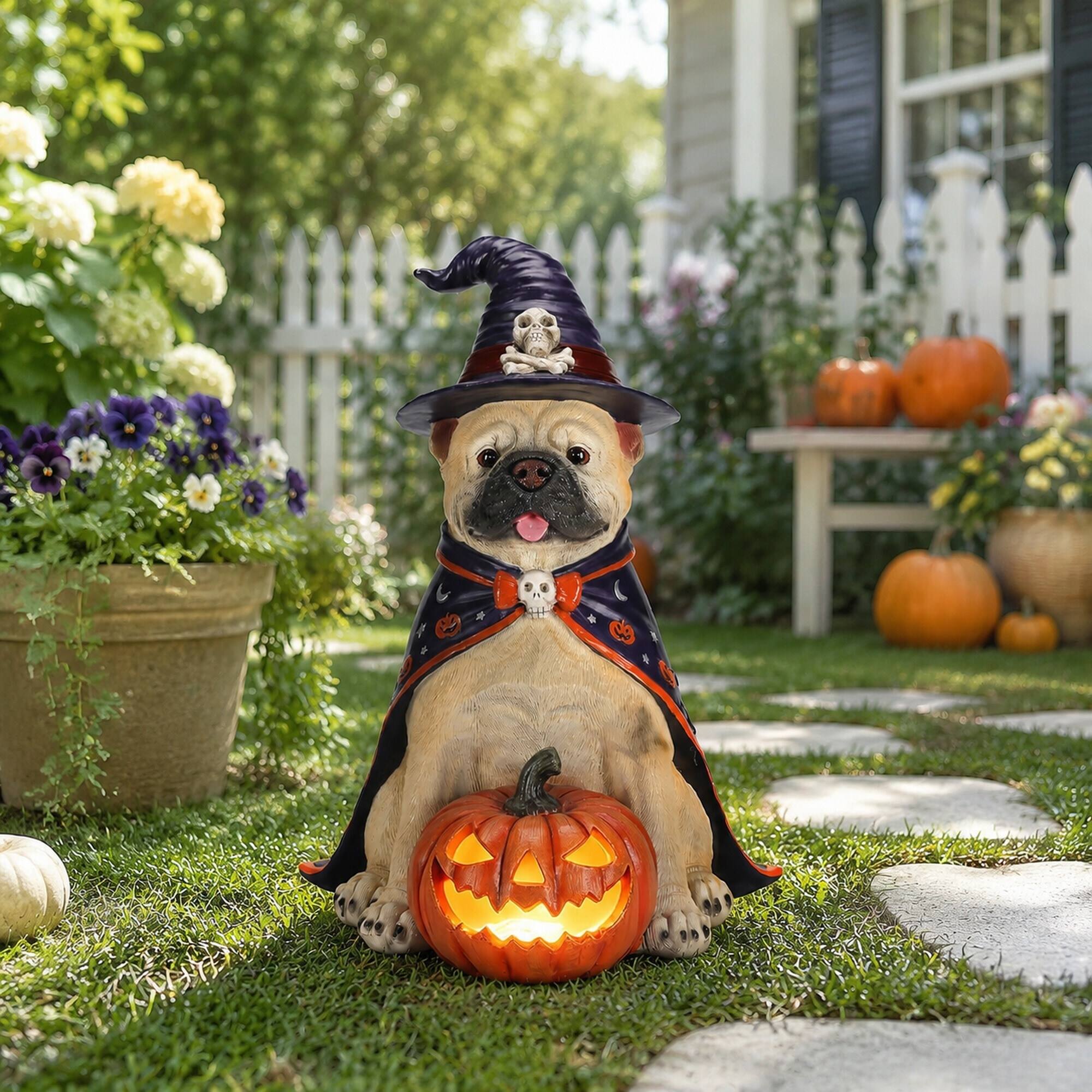 Alt View 2. RYHNUYNE - Halloween Bulldog Witch Statue with Glowing Jack-O-Lantern Pumpkin for Porch Entryway and Party Displays - Beige.