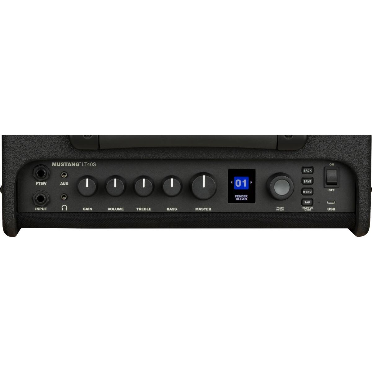MUSTANG LT40S

FTSW AUX INPUT GAIN VOLUME TREBLE BASS MASTER PRESET

01 FENDER CLEAN

BACK SAVE MENU TAP HOLD TO EDIT USB

ON OFF