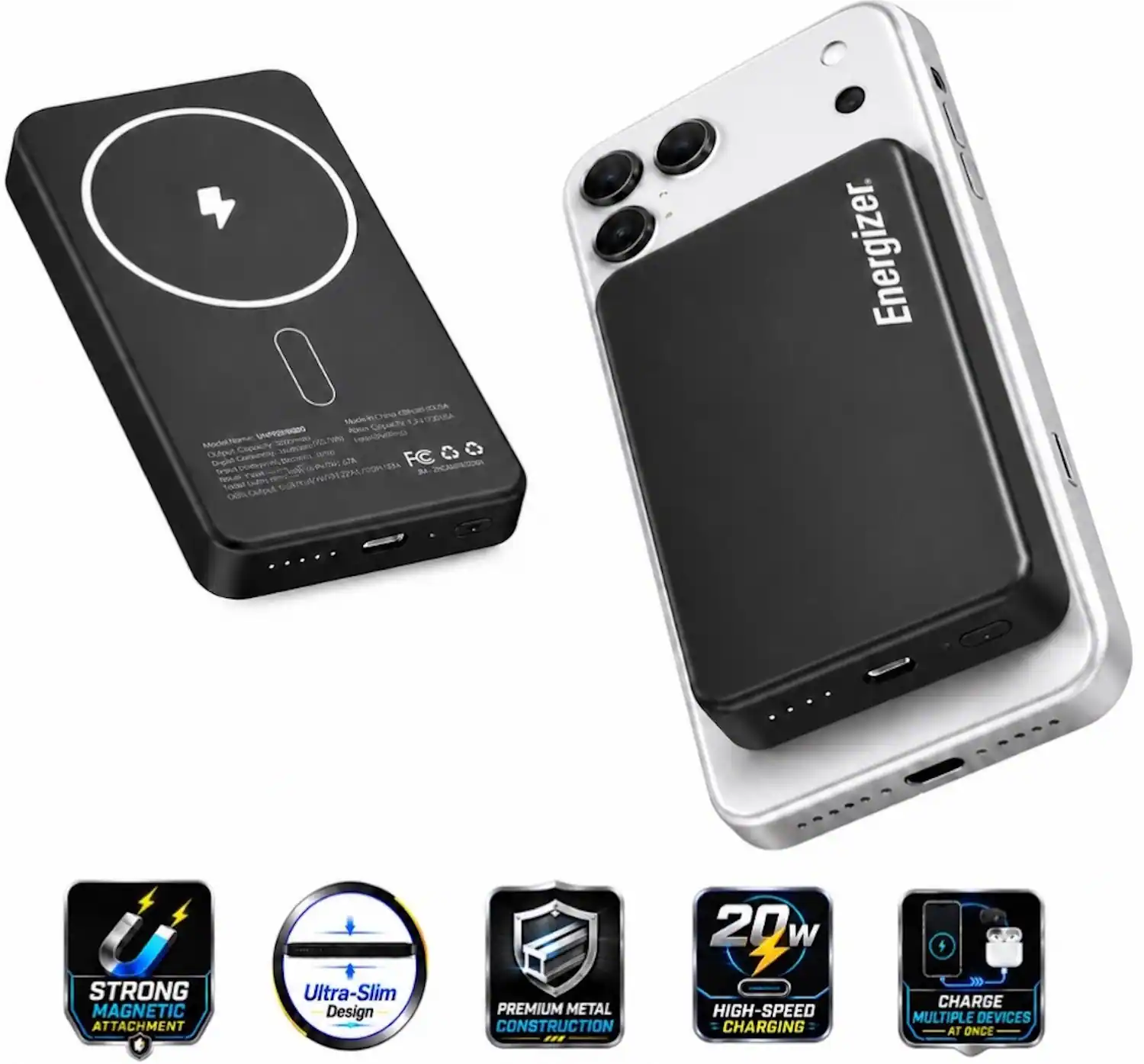 Energizer - 10,000mAh SLIM METAL 20W Magnetic Wireless Qi/Qi2.0/MagSafe PowerBank, Portable Charger, 2 Outputs, LED Display, & USB-C - Black
