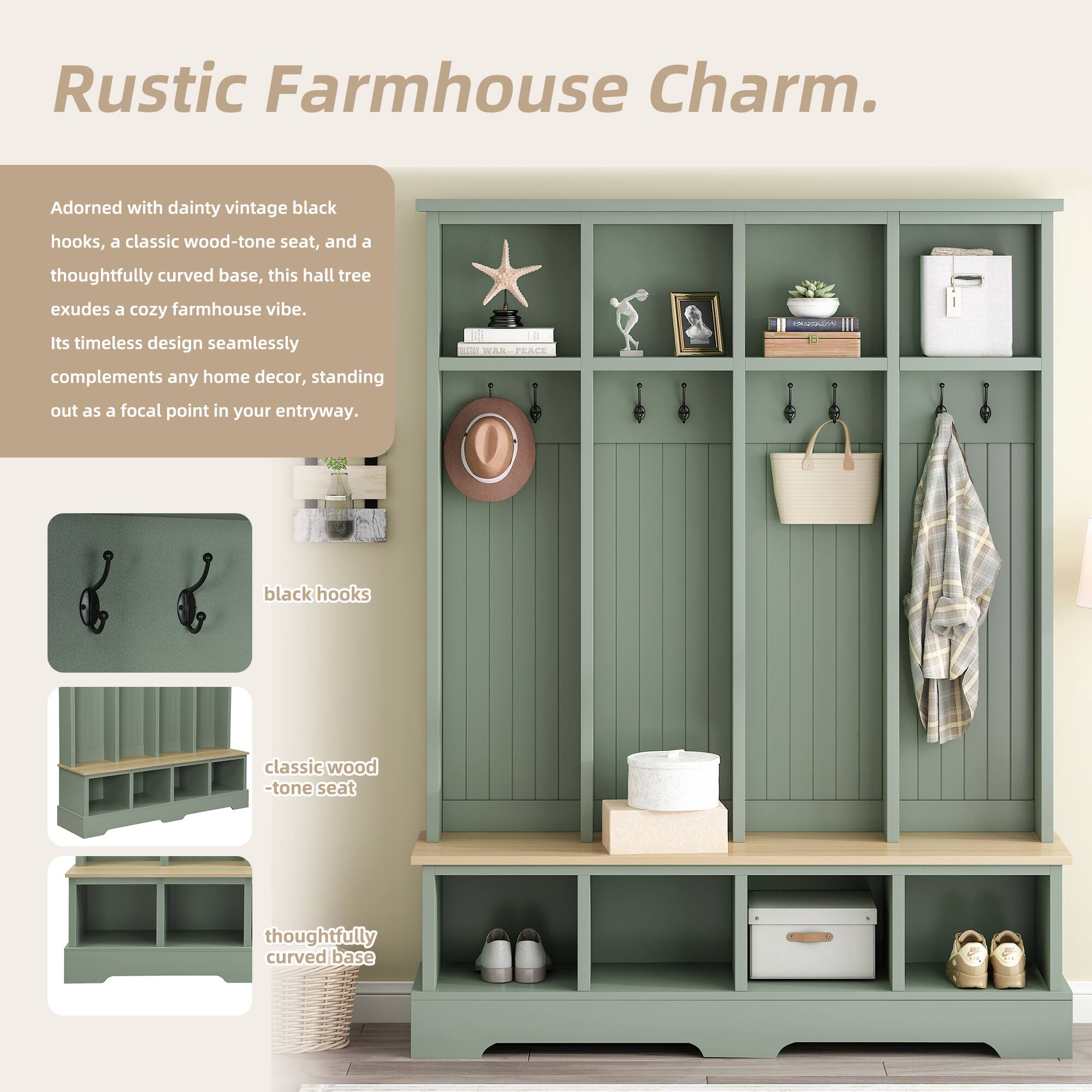 Rustic Farmhouse Charm.

Adorned with dainty vintage black hooks, a classic wood-tone seat, and a thoughtfully curved base, this hall tree exudes a cozy farmhouse vibe. Its timeless design seamlessly complements any home decor, standing out as a focal point in your entryway.

- black hooks
- classic wood-tone seat
- thoughtfully curved base