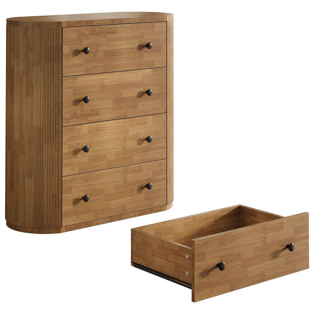 Alt View 4. Kadyn - 39.4" Wooden 4-Drawer Chest Dresser, Fluted Storage Cabinet Organizer, Black Knobs - Brown.