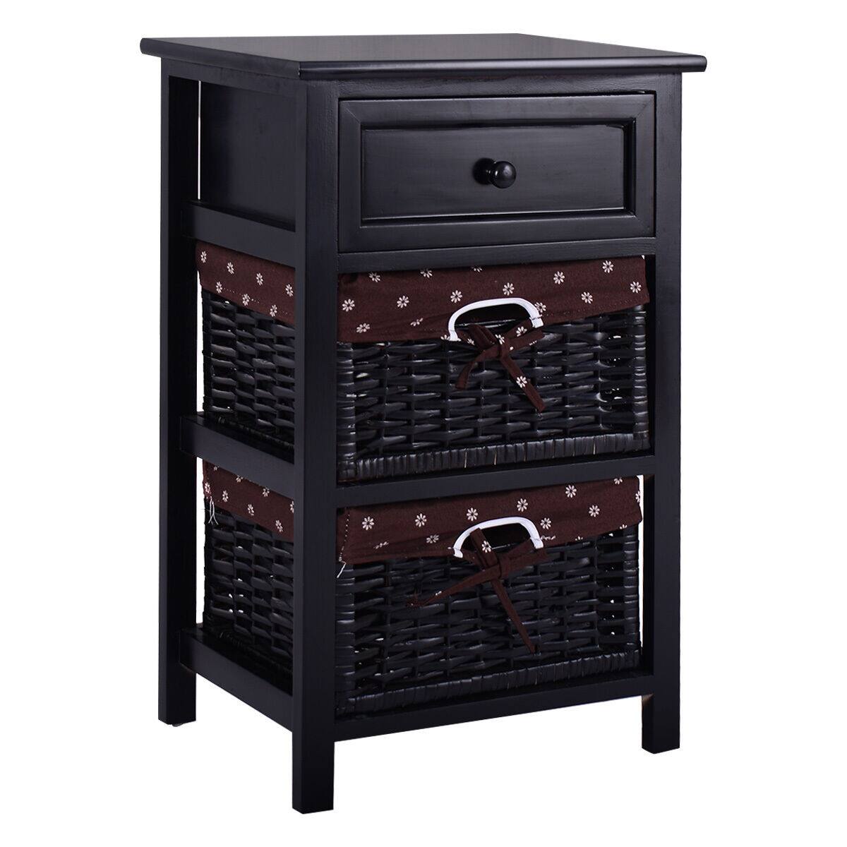 Alt View 19. Costway - Black Night Stand 3 Tiers 1 Drawer Bedside End Table Organizer Wood with 2 Baskets - Black.