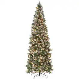 Best Choice Products - 6ft Pre-Lit Partially Flocked Pencil Christmas Tree w/ 250 Lights, Pine Cones, Foldable Stand - Frosted Green Spruce