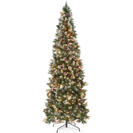 Front. Best Choice Products - Best Choice Products 6ft Pre-Lit Partially Flocked Pencil Christmas Tree w/ 250 Lights, Pine Cones, Foldable Stand - Frosted Green Spruce.