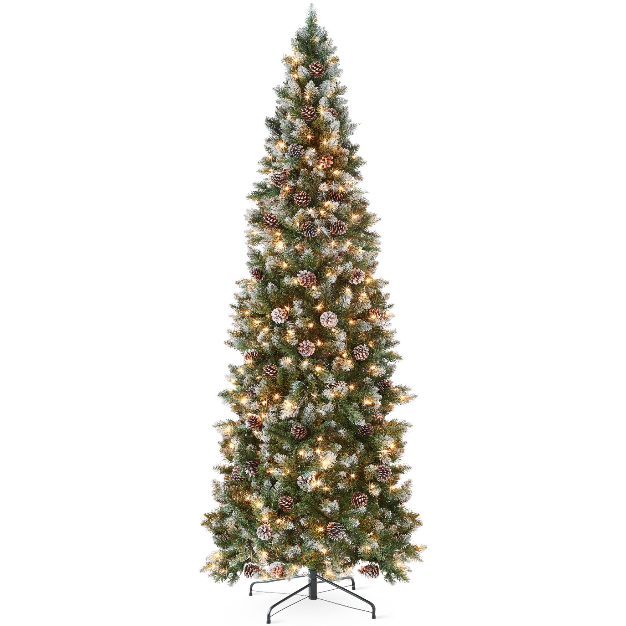 Best Choice Products - 6ft Pre-Lit Partially Flocked Pencil Christmas Tree w/ 250 Lights, Pine Cones, Foldable Stand - Frosted Green Spruce