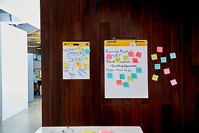 Sure, here is the corrected and grouped text from the image:

**Left Board:**
- IN STORE
- (Various notes and ideas written in different colors)

**Right Board:**
- Augmented Reality VR?
  - Brand Experiences
  - Something Experiential
  - Design a mini To-Do

**Post-it Notes:**
- Various notes scattered around the boards (specific text not clearly readable)