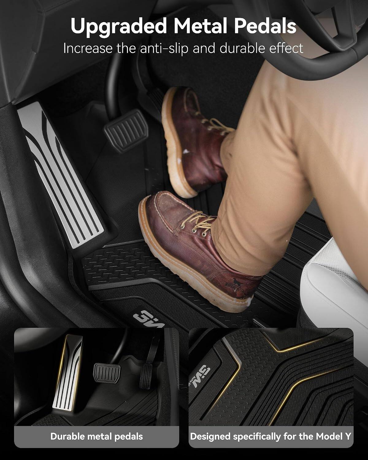 Upgraded Metal Pedals  
Increase the anti-slip and durable effect

Auto-Ji SW  
Durable metal pedals  
Designed specifically for the Model Y
