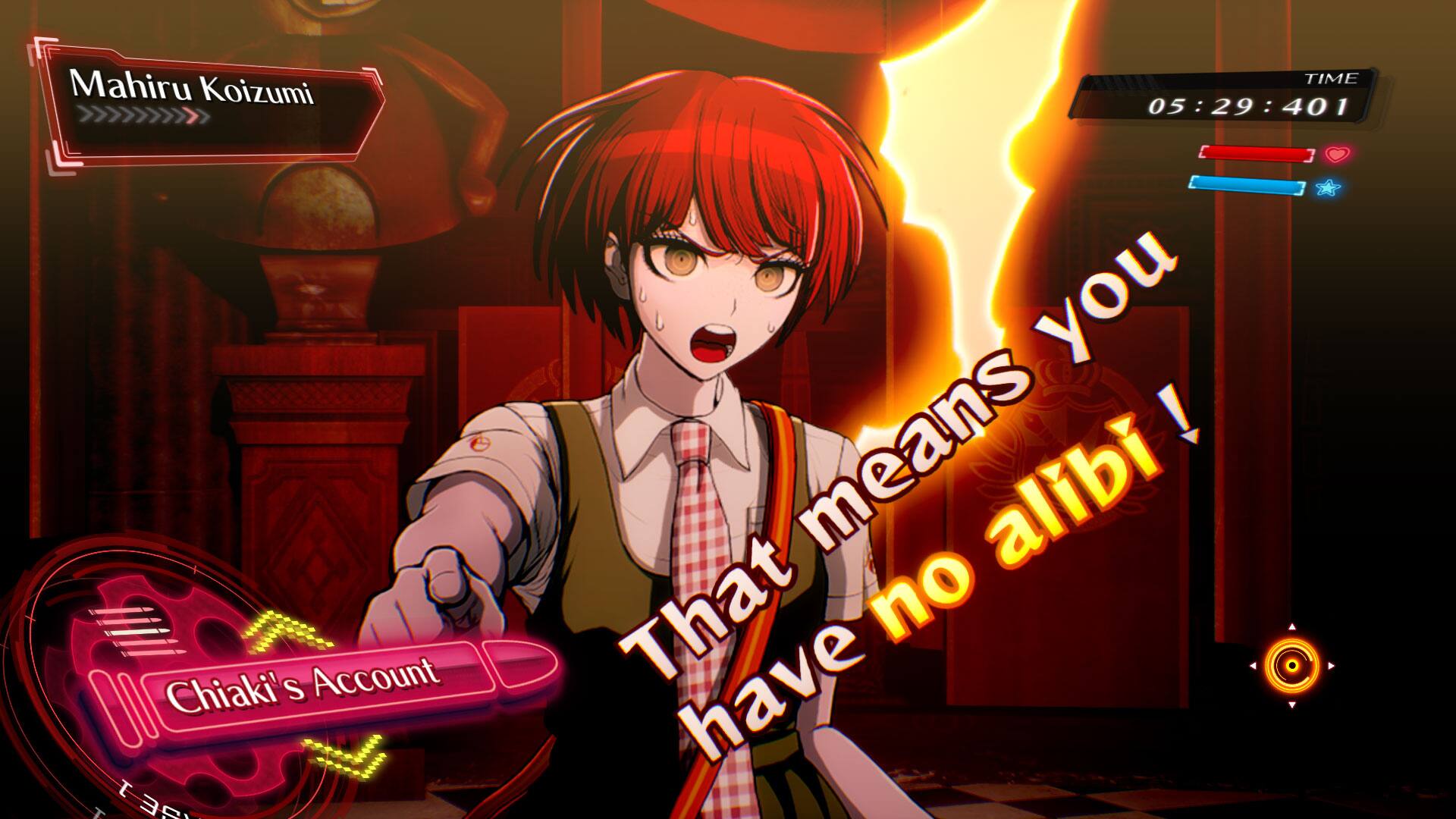 Mahiru Koizumi  
TIME 05:29:401  

Chiaki's Account  

That means you have no alibi!