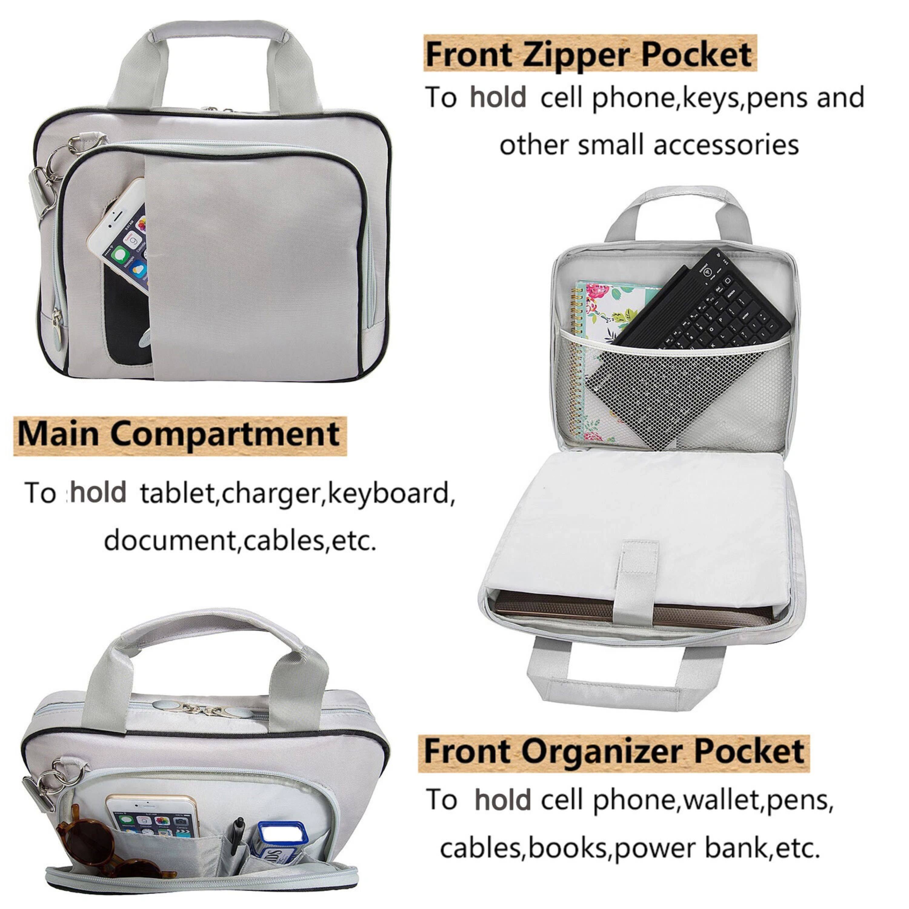 Front Zipper Pocket  
To hold cell phone, keys, pens and other small accessories  

Main Compartment  
To hold tablet, charger, keyboard, document, cables, etc.  

Front Organizer Pocket  
To hold cell phone, wallet, pens, cables, books, power bank, etc.