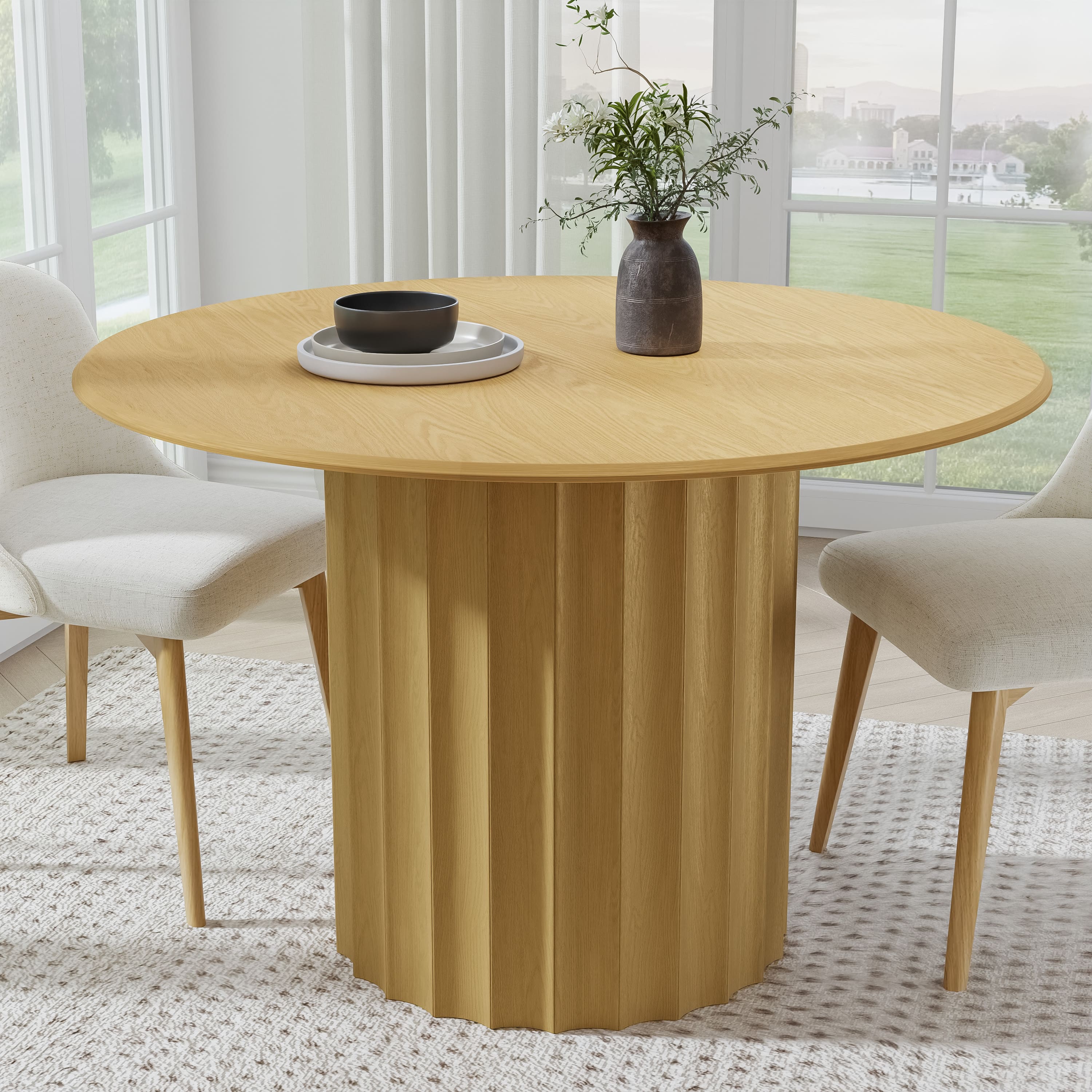 PexFix - Minimalist Farmhouse Duckbill Edge Round Solid Oak 46 in. Wide Fluted Base Kitchen & Dining Table Seats 4 - Natural