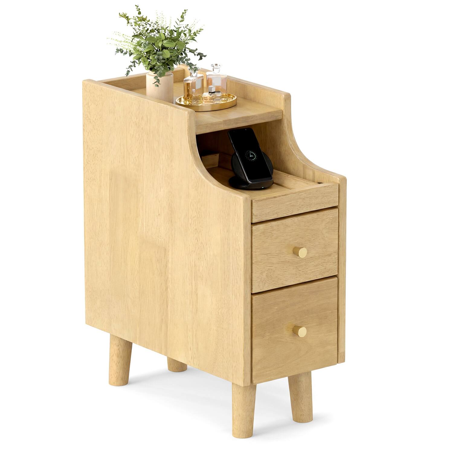 Alt View 3. WELLFOR - Narrow Solid Wood Nightstand with Pull-out Tray and 2 Storage Drawers - Natural.