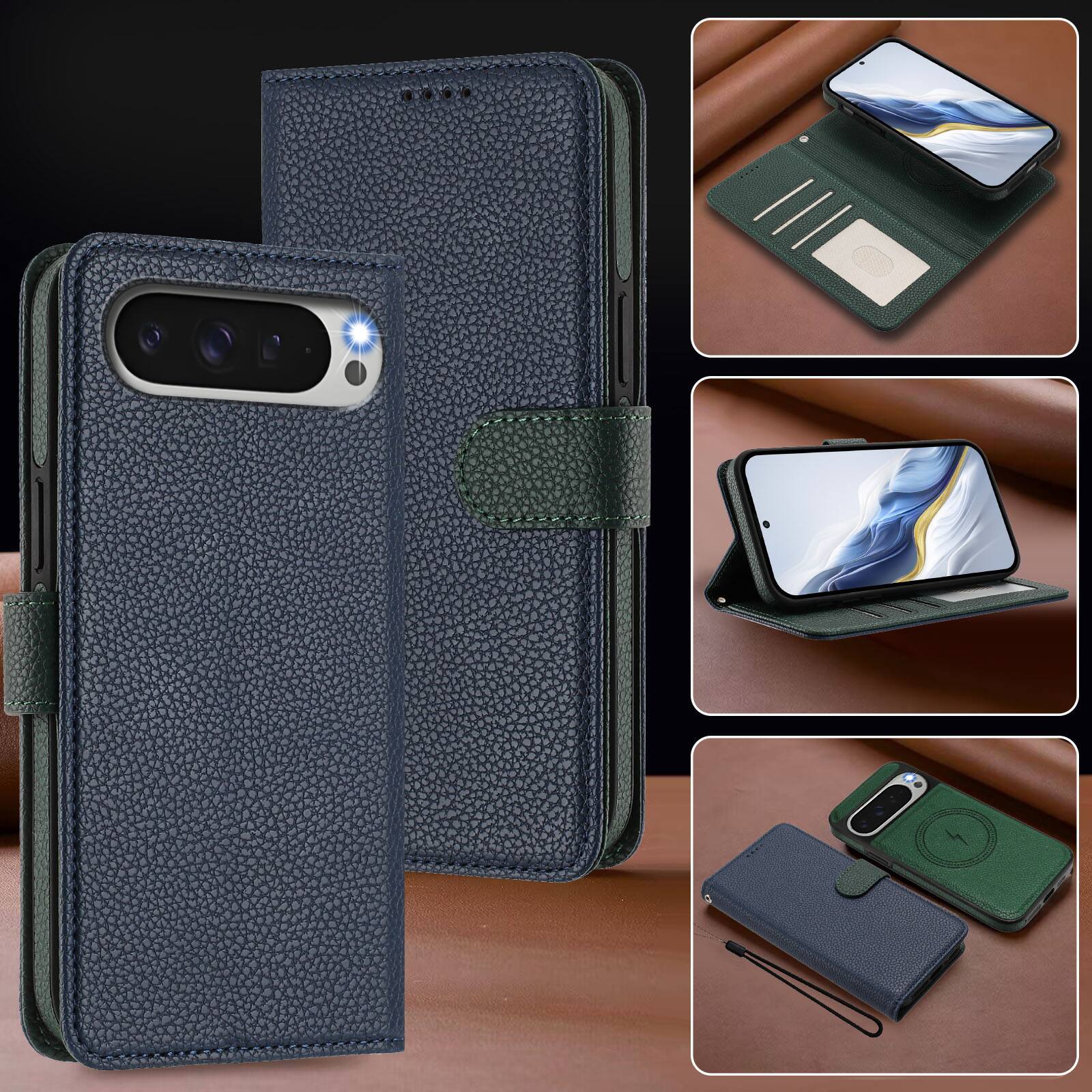 Alt View 5. Dteck - Magnetic Detachable Wallet Case for Google Pixel 10 Pro XL,PU Leather Card Holder Flip Cover with Wrist Strap - Blue.