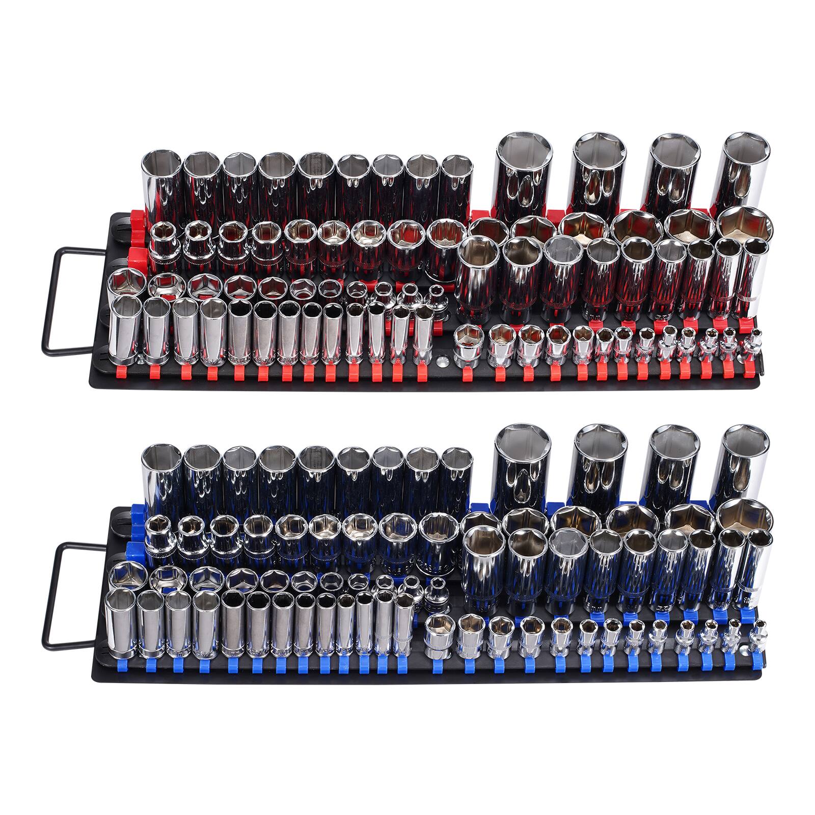 Alt View 5. VEVOR - Portable Socket Organizer Tray, 2PCS Metric & SAE Socket Organizer Set Hold up to 160 Sockets, 1/4", 3/8" and 1/2" - Red,Black,Blue.