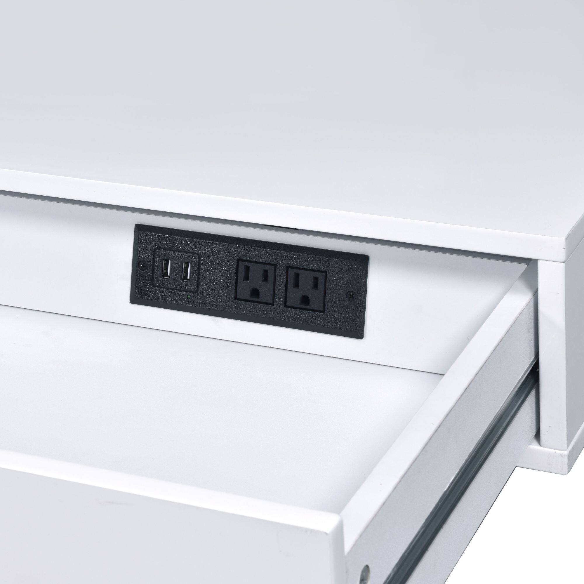 Alt View 3. GOODSILO - Modern Writing Desk with Built-in USB Charging Port and Dual Storage Drawers for Home Office - Chrome+White.