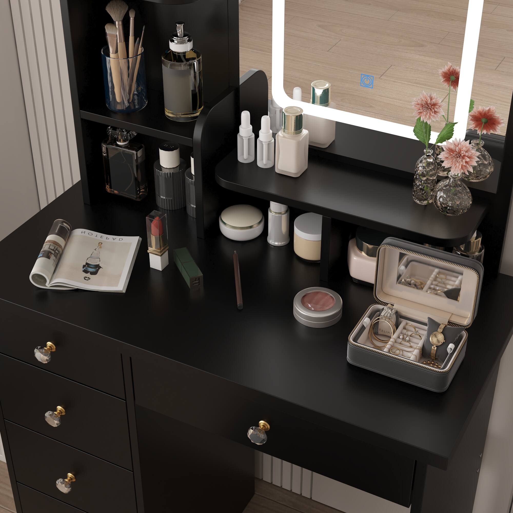 Alt View 6. Famapy - Vanity Table with LED Mirror, Storage Drawers & Stool – Makeup Dresser Organizer for Bedroom - Black.