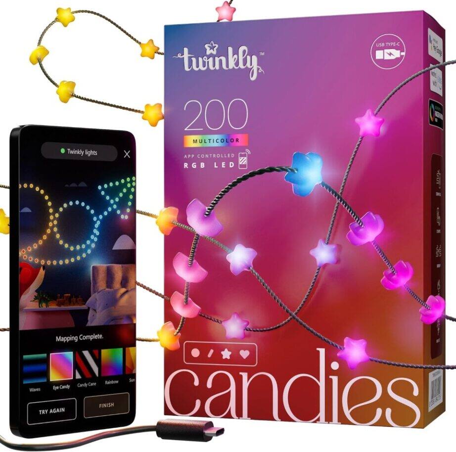 Twinkly lights X M twinkly 200 MULTICOLOR APP CONTROLLED RGB LED USB TYPE-C Mapping Complete. Rainbow Sun Candy Cane candies Waves Eye Candy FINISH TRY AGAIN