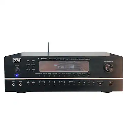 PYLE
PyleUSA.com
PT796BT
7" INCH DIGITAL KARAOKE OPTICAL/COAXIAL/HDMI ARC/BT/RADIO RECEIVER
POWER
ON/OFF
TUNER
FM/AM
SCAN
PHONO MM/MC MP3/BT RADIO 7 INPUT AUX
VOLUME/MULTI
DIGITAL IN HDMI ARC DSP CH MODE TREBLE BASS
MIC1
MIC2
TREBLE
BASS
SPEED
DELAY
MP3 CONTROL
HEADPHONES
USB
PHONO