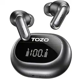 TOZO - NC20 Adaptive Hybrid ANC Earbuds, 80H, Hi-Res Certified Audio, 6-Mic AI Call, IPX8 Waterproof, App-32EQ, Wireless Charge - Black