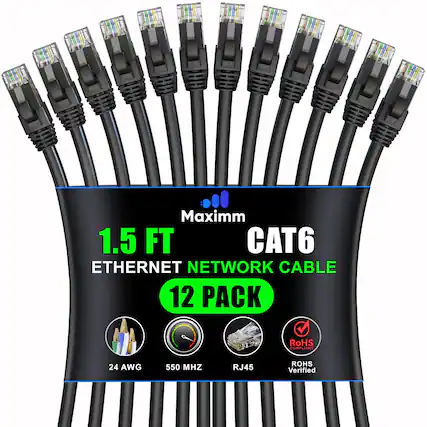Maximm 1.5 FT CAT6 ETHERNET NETWORK CABLE 12 PACK
RoHS COMPLIANT
24 AWG
550 MHZ
RJ45
ROHS Verified