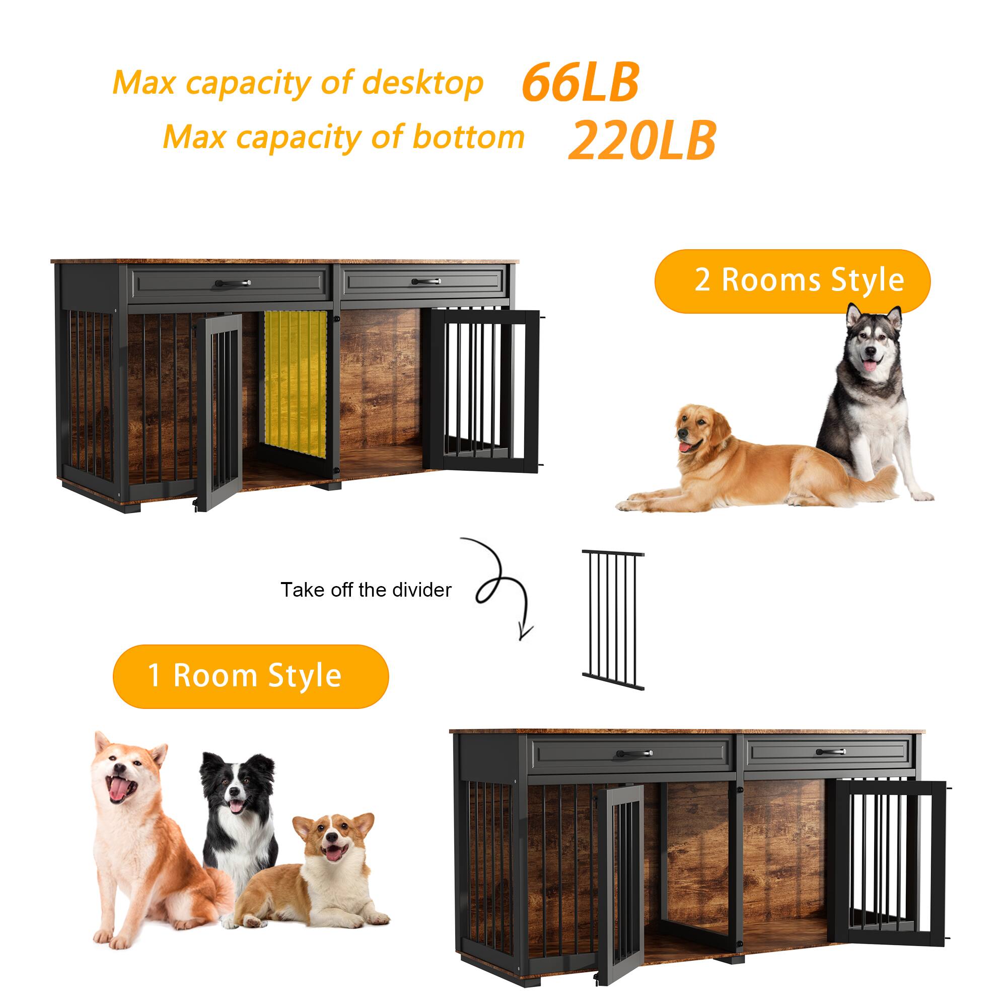 Max capacity of desktop: 66LB  
Max capacity of bottom: 220LB  

2 Rooms Style  

Take off the divider  

1 Room Style