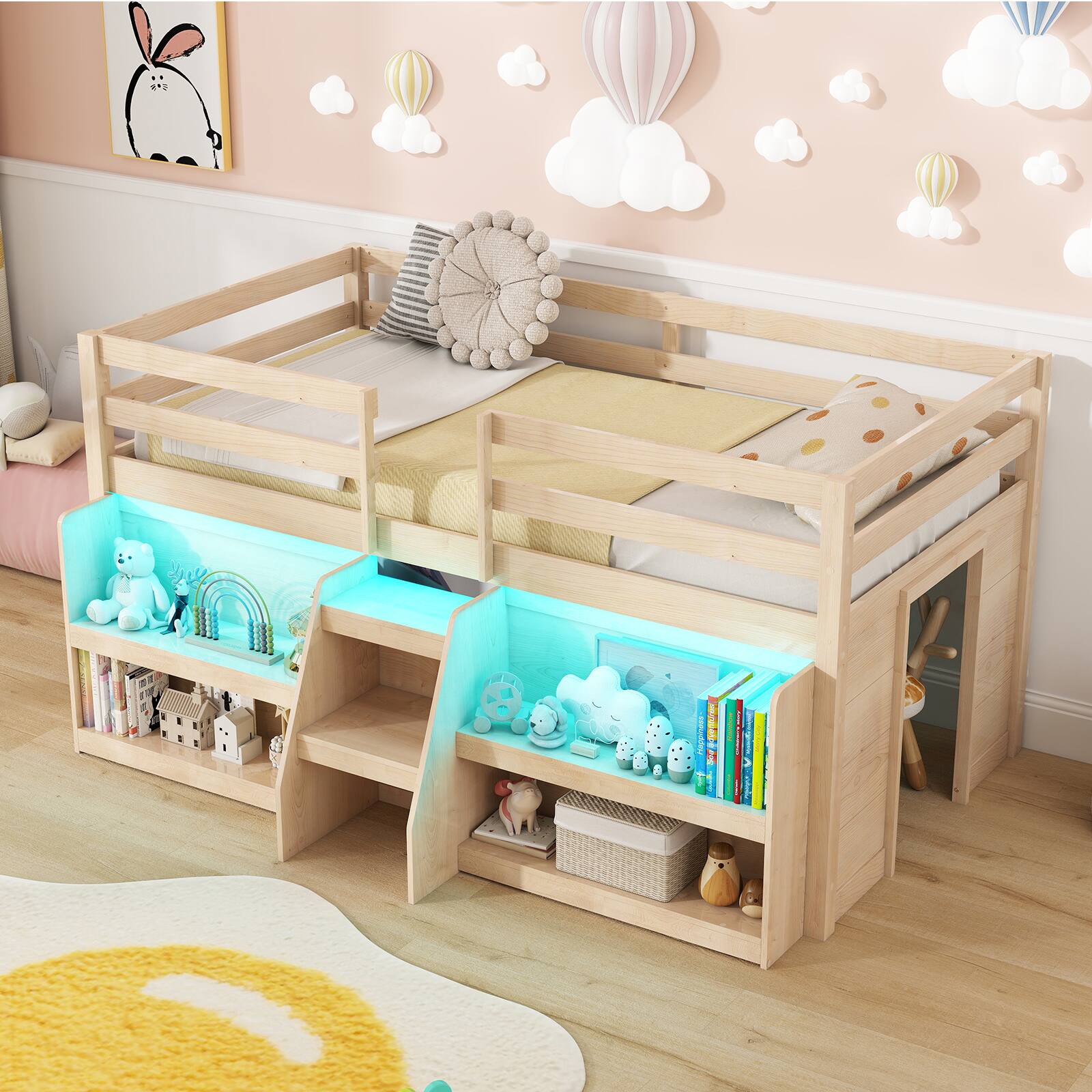 Alt View 4. Gymax - Gymax Twin Size Loft Bed w/ LED Lights Staircase & Safety Guardrail Under-bed Storage - Natural.