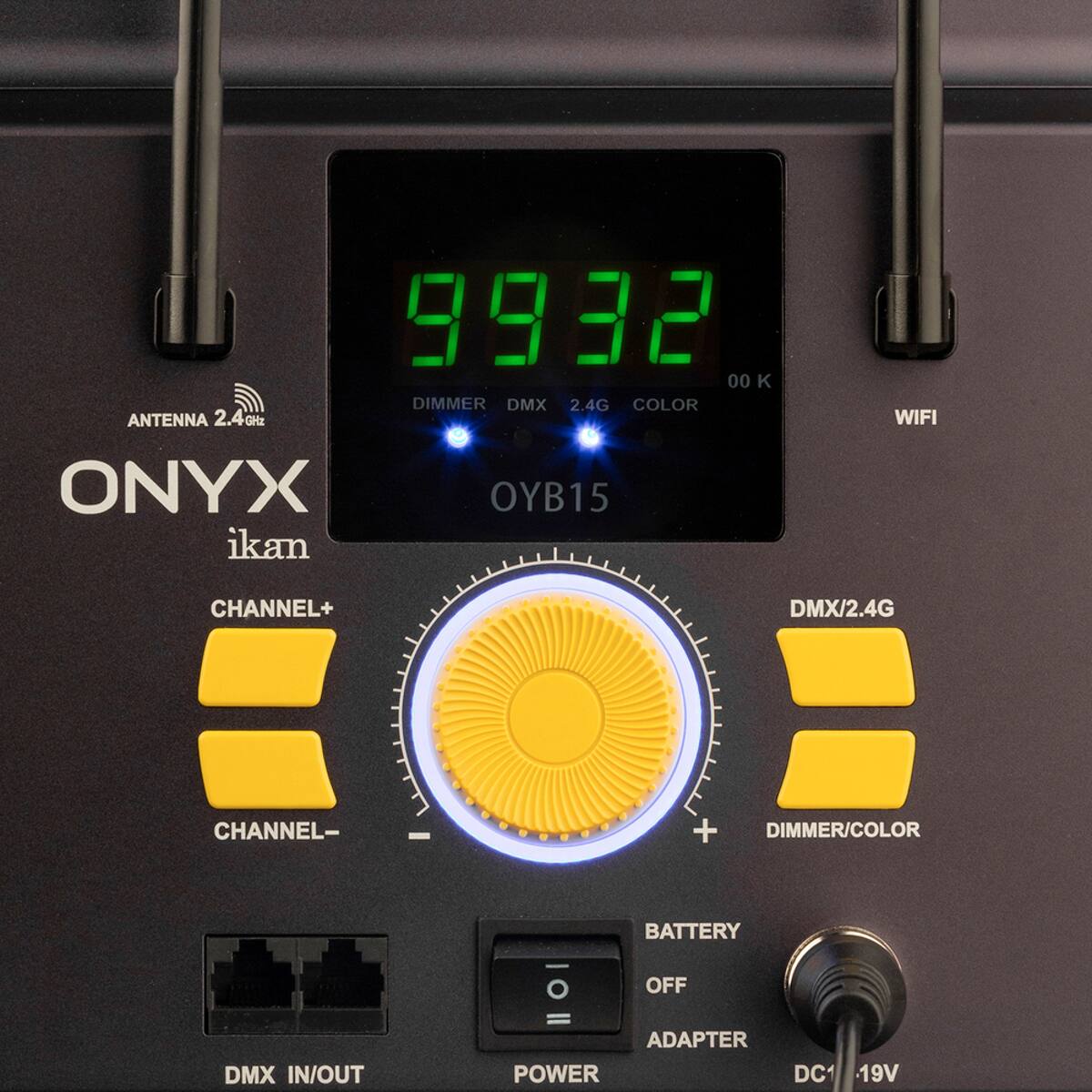 9932 00 K DIMMER DMX 2.4G COLOR ANTENNA 2.4G WIFI ONYX OYB15 ikan CHANNEL+ DMX/2.4G = CHANNEL- + DIMMER/COLOR DMX IN/OUT BATTERY OFF I = ADAPTER POWER DC1 19V